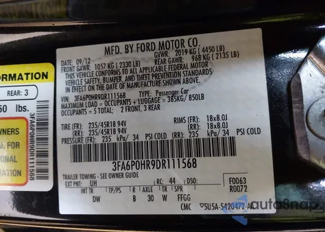 2013 Ford Fusion Se из США, поврежденный, VIN 3FA6P0HR9DR111568